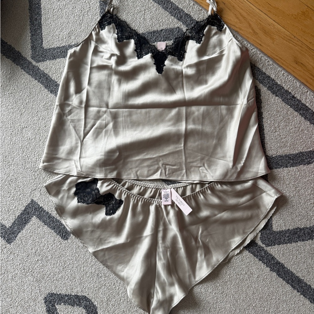 Victoria's Secret Satin Pajama Set with Black Lace - NEW with tags